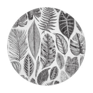 Tabla De Cortar Hojas exóticas, blanco y negro floral vintage.