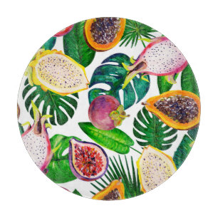 Tabla De Cortar Hojas tropicales, frutas, gouache sin costura.