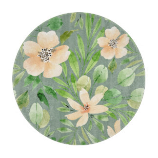 Tabla De Cortar Hojas verdes, Flores rosas: acuarela.