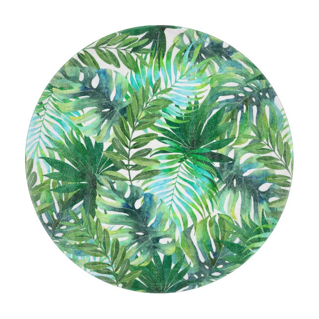 Tabla De Cortar Hojas verdes tropicales, acuarela sin foco. (Anverso)