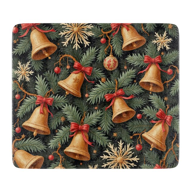 Tabla De Cortar Holiday pattern, Christmas Bells with Snowflakes, (Anverso)