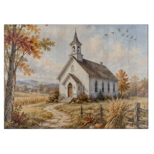 Tabla De Cortar Iglesia de campo de otoño Paisaje en acuarela