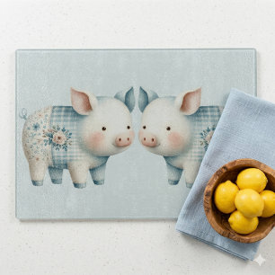 Tabla De Cortar Ilustración Cottagecore de Cerdo de Parche Azul