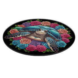 Tabla De Cortar Ilustracion de tortuga colorida rodeado de Rosas