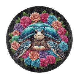Tabla De Cortar Ilustracion de tortuga colorida rodeado de Rosas