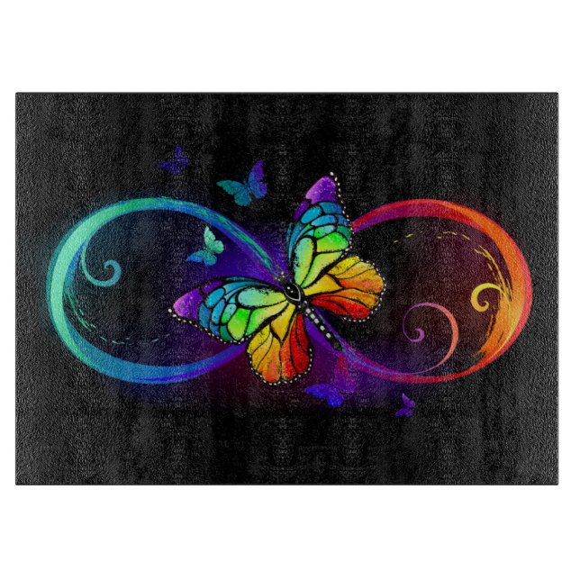 Tabla De Cortar Infinidad vibrante con mariposa arco iris sobre ne (Anverso)