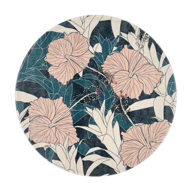 Tabla De Cortar Inhibisco rosa tropical, fondo oscuro (Anverso)