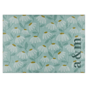 Tabla De Cortar Iniciales de Pareja Patrón Floral Azul Turquesa y