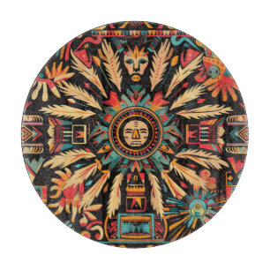 Tabla De Cortar Intrincado "Sueño Azteca" Vidrio de Sapphire Chopp