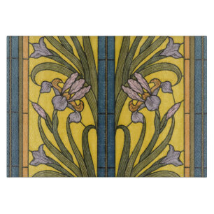 Tabla De Cortar Iris Flor Art Nouveau Vidrio Manchado Oro Azul
