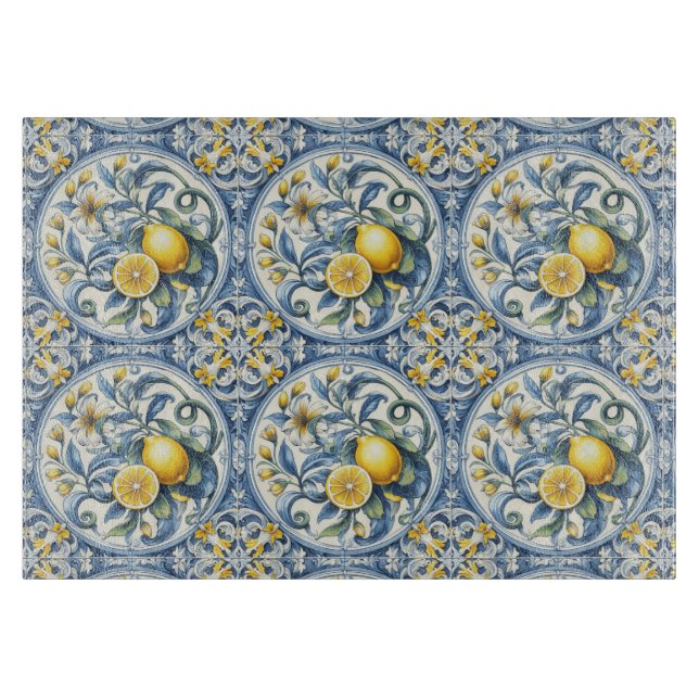 Tabla De Cortar Italian Amalfi blue white tiles lemons (Anverso)