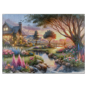 Tabla De Cortar Jardín de Cabaña junto al Arroyo al Atardecer