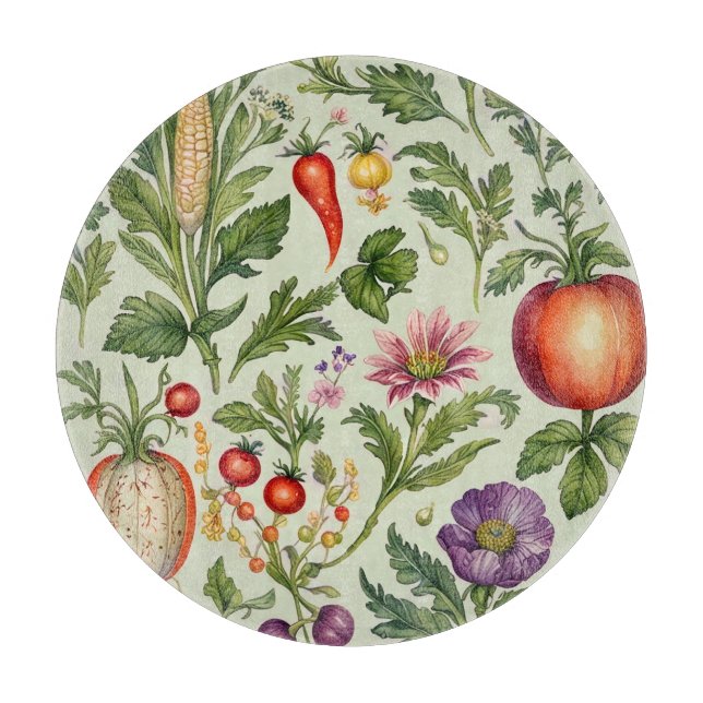 Tabla De Cortar Jardín de Verduras Vidrio Redondo (Anverso)