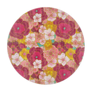 Tabla De Cortar Jardín Oriental floral carmesí, rosa brillante y d