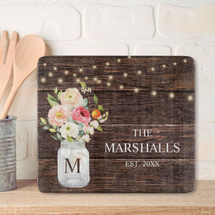 Tabla De Cortar Jarra de Mason Floral con Apellido de Familia Mono