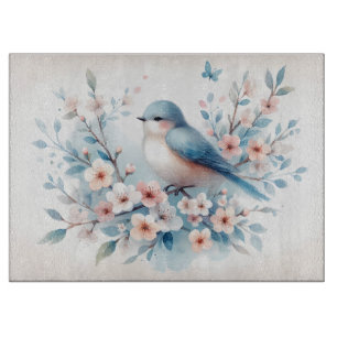 Tabla De Cortar Jazmín de Pájaro Azul Acuarela Serenidad
