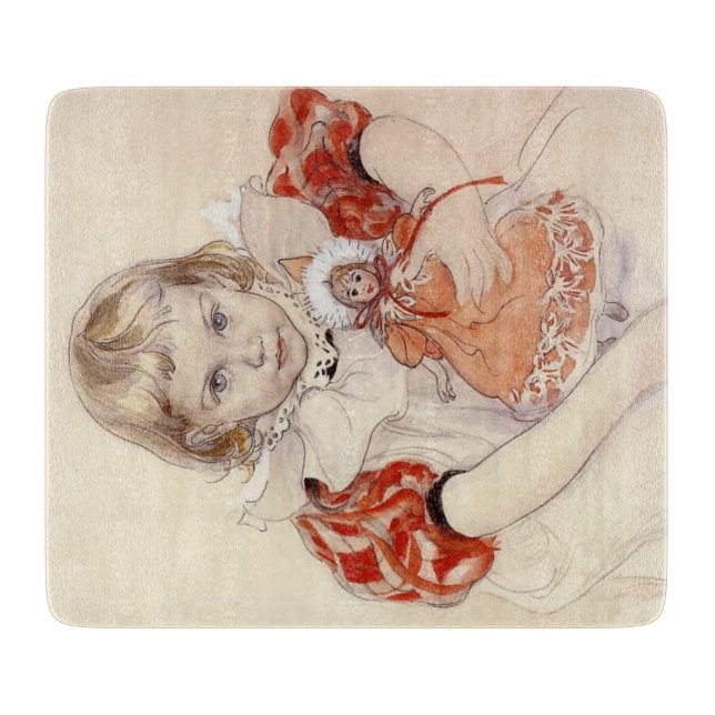 Tabla De Cortar Joven Chica con muñeca (arte infantil) (Anverso)
