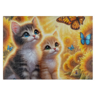 Tabla De Cortar Kittens and Sunflowers Cutting Board