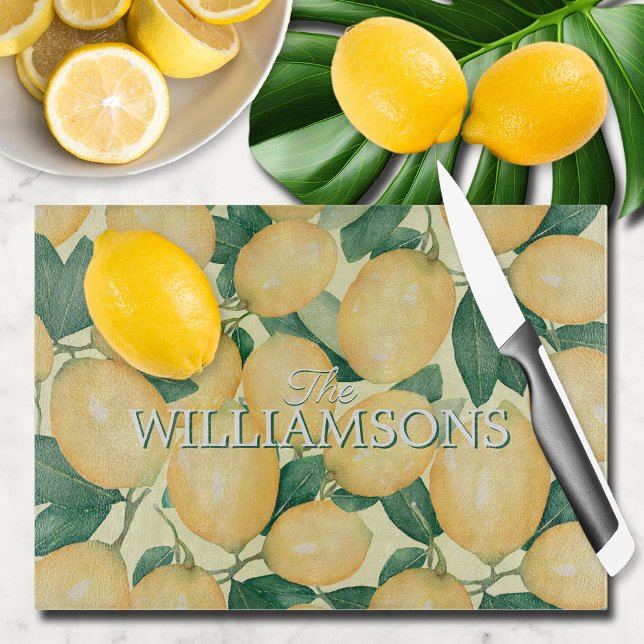Tabla De Cortar La vegetación de cítricos limón personalizada (Personalized Lemons and Greenery Glass Cutting Board)