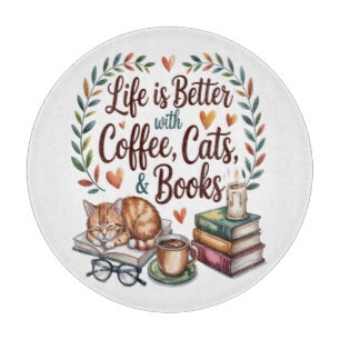Tabla De Cortar La vida es mejor con café gatos libros
