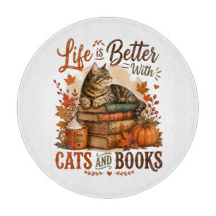 Tabla De Cortar La vida es mejor con gatos y libros