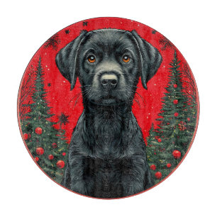 Tabla De Cortar Labrador Negro de Navidad con Árboles Festivos
