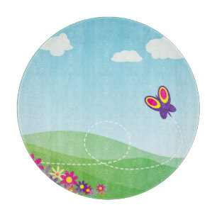 TABLA DE CORTAR LADO DE COLINA CON MARIPOSA Y FLORES