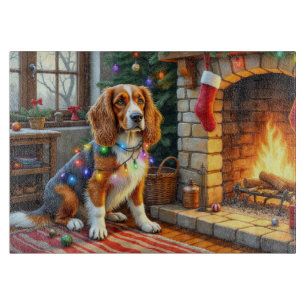 Tabla De Cortar Lebrel afgano chimenea con luces de Navidad