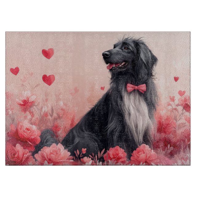 Tabla De Cortar Lebrel afgano con rosas - Día de San Valentín  (Anverso)