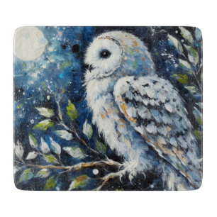 Tabla De Cortar Lechuza blanca en rama con pintura lunar