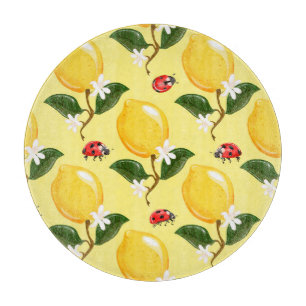 Tabla De Cortar Lemon Ladybug: Patrón amarillo tropical.