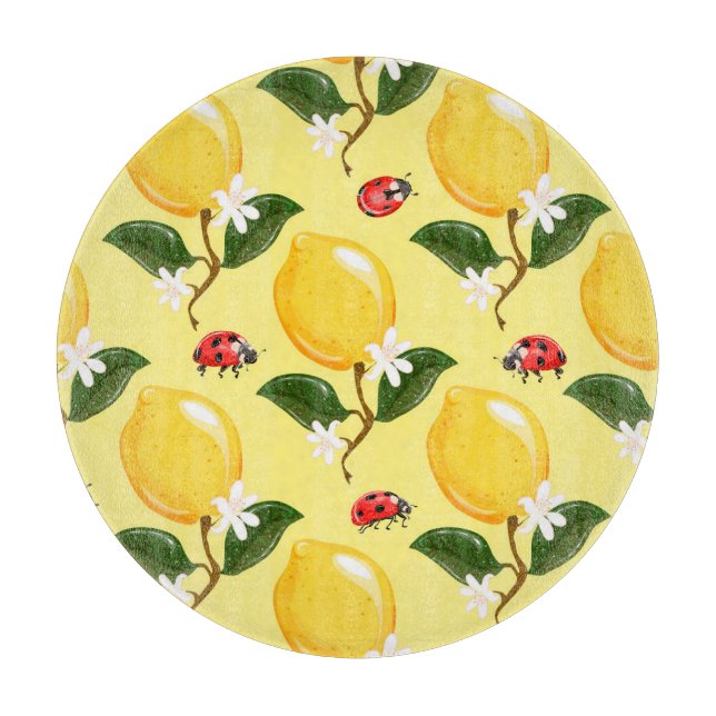 Tabla De Cortar Lemon Ladybug: Patrón amarillo tropical. (Anverso)
