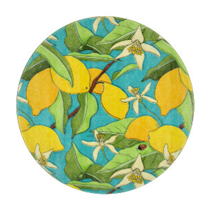 Tabla De Cortar Lemones, bichos, flores sobre fondo Verde azulado