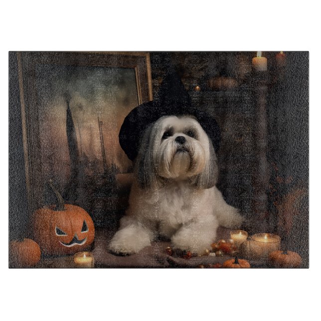 Tabla De Cortar Lhasa Apso Calabazas Halloween Asustadizo (Anverso)