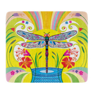 Tabla De Cortar Libélula Radiante y Flores Silvestres