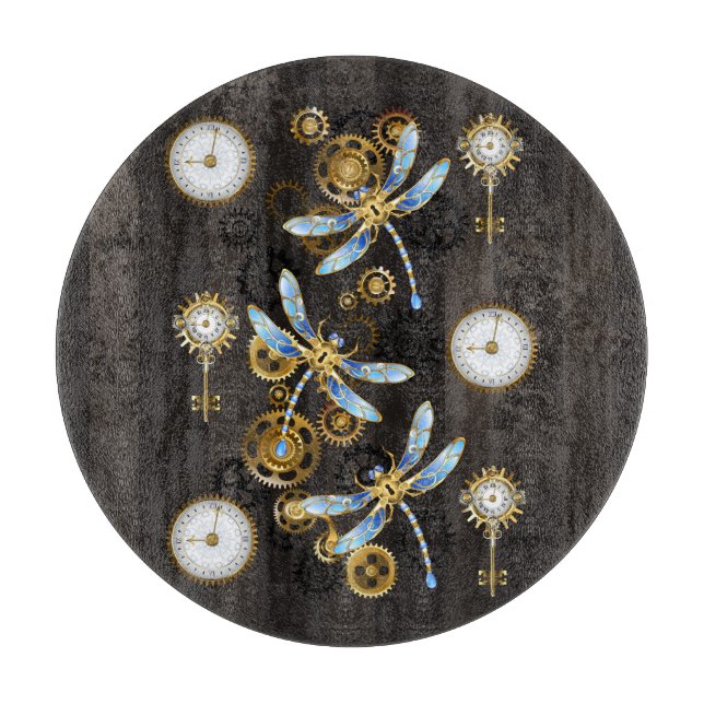Tabla De Cortar Libélulas Steampunk sobre fondo rayado marrón (Anverso)