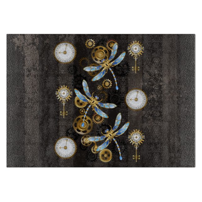 Tabla De Cortar Libélulas Steampunk sobre fondo rayado marrón (Anverso)