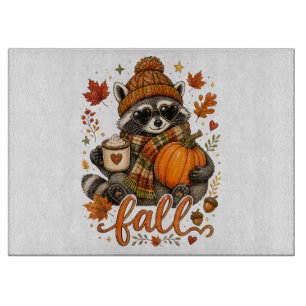 Tabla De Cortar Lindo Mapache de Otoño Calabaza Café de Otoño