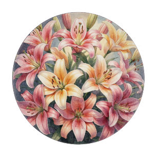 Tabla De Cortar Lirios Vibrantes de Color Rosa Naranja Blanco Acua