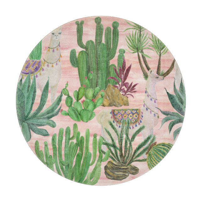 Tabla De Cortar Llamas acuarelas y patrones de cactus. (Anverso)