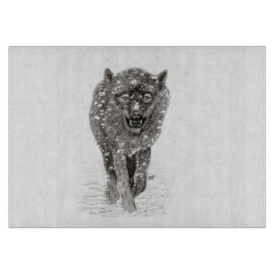 Tabla De Cortar Lobo negro enojado en la nieve, invierno salvaje