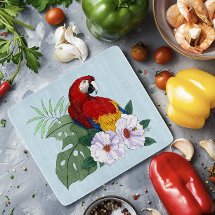 Tabla De Cortar Loro Guacamayo Rojo Floral Hibisco Tropical Blanco