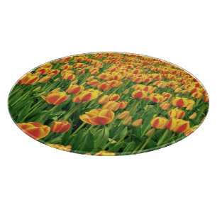 Tabla De Cortar Los tulipanes de primavera florecen frente al viej