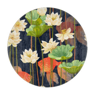 Tabla De Cortar Loto blanco, pescado: patrón sin costuras.