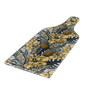 Tabla De Cortar Lujosas Flores Tropicales Doradas y Negras Elegant