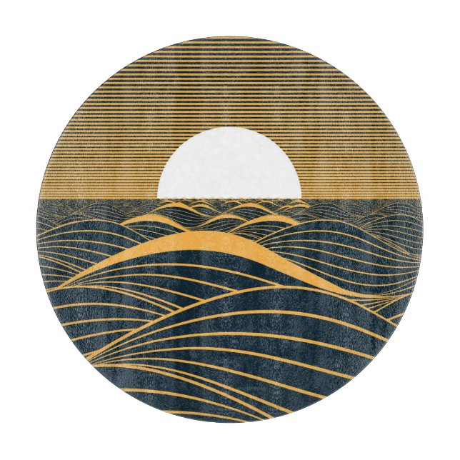 Tabla De Cortar Luna de sol estilizada, ilustracion de mar oscuro. (Anverso)