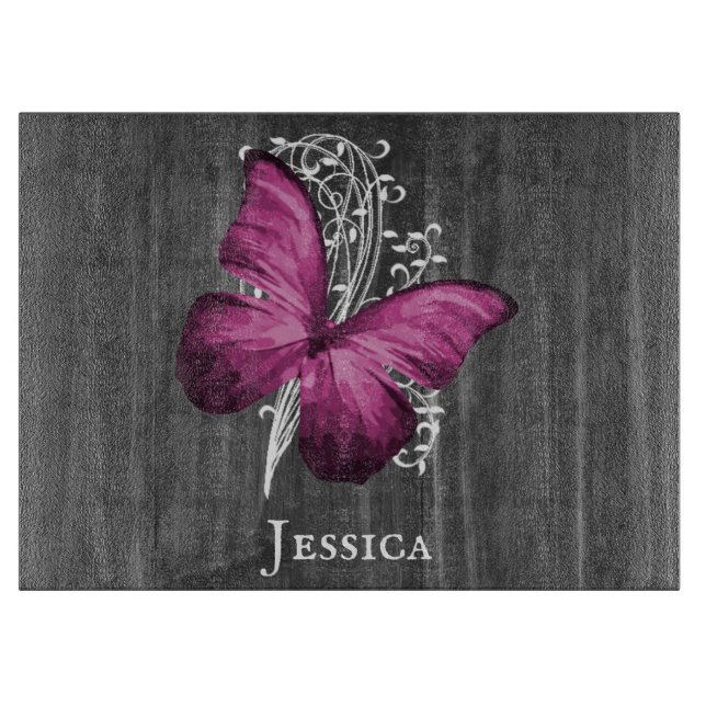 Tabla De Cortar Magenta Rustic Butterfly personalizada (Anverso)