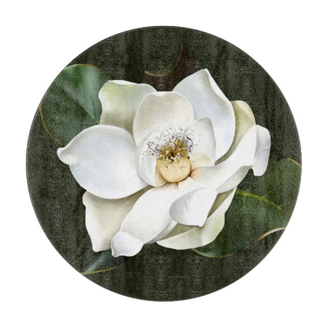 Tabla De Cortar Magnolia blanca cierra fondo verde (Anverso)