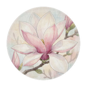Tabla De Cortar Magnolia Rosa Delicada Floración Acuarela