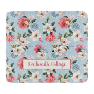 Tabla De Cortar Magnolias y Claveles en Azul Personalizado